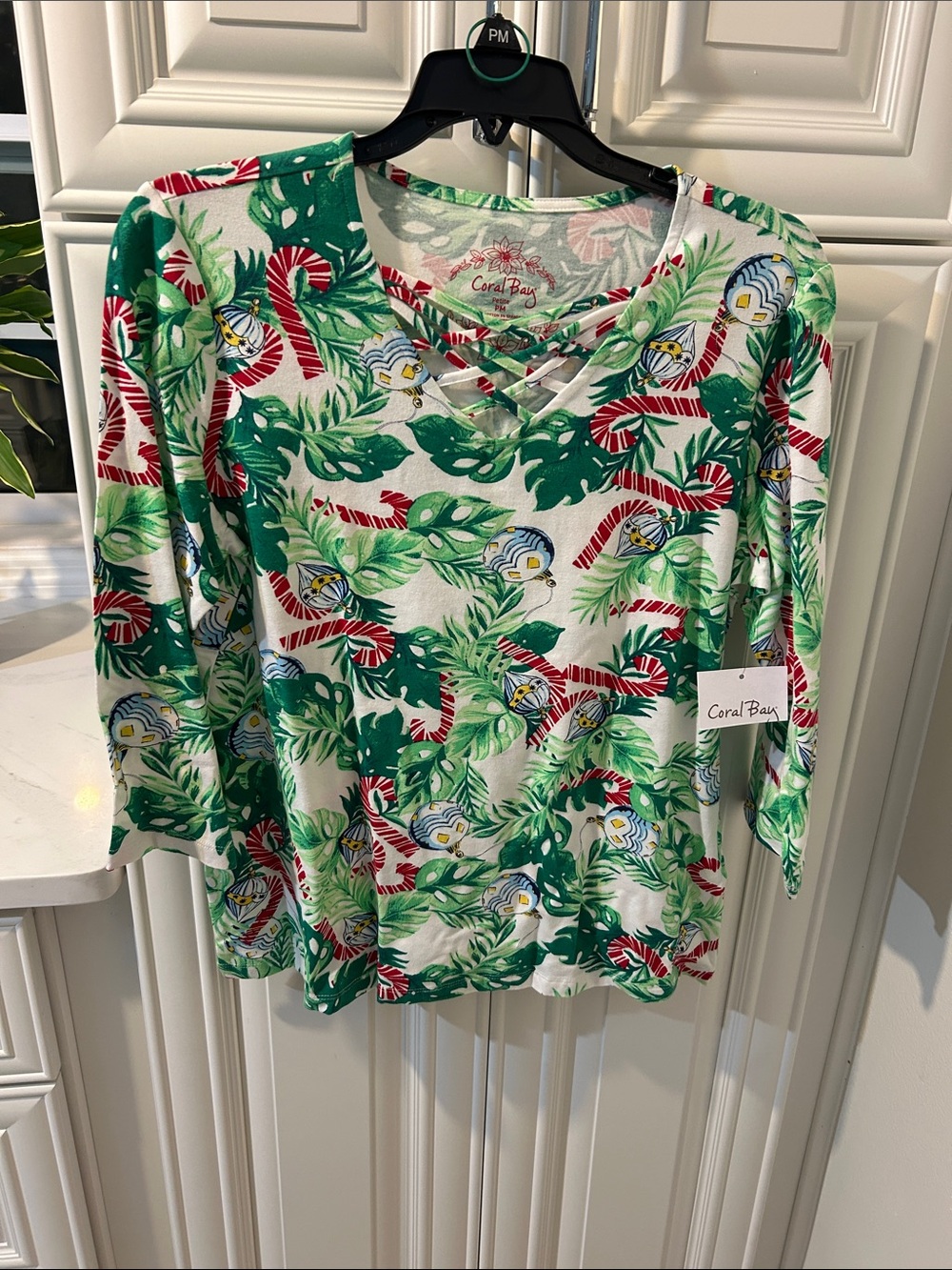 Coral Bay White Tropical Leaf & Candy Cane Crisscross V-Neck Top